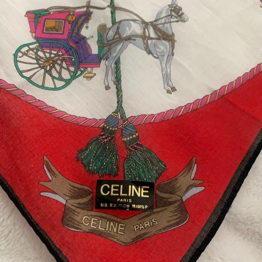 Celine Elegant Red and White Scarf/Hankerchief with Horse Carriage Design - Picture 6 of 8